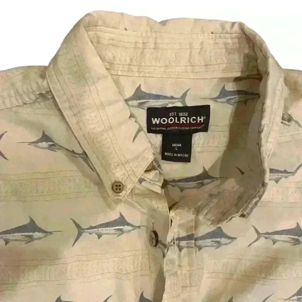 Woolrich Men’s Short Sleeve Swordfish Print Button Down Size L Pale Yellow